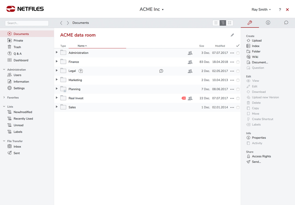 screenshot of netfiles Data Room